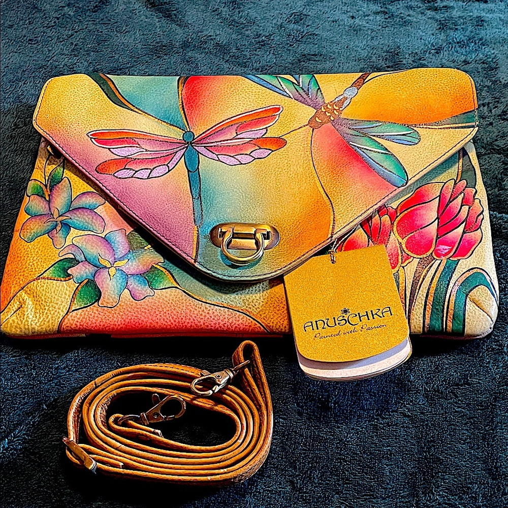Anuschka Vibrant Dragonfly and Floral Clutch